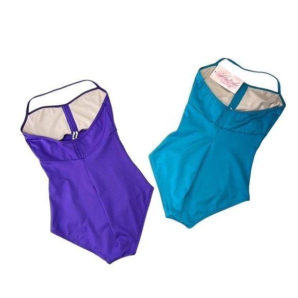 Natalie Dance Wear 2 Halter Leotards Small Purple Blue + Capezio Tights New NWT - Picture 3 of 10